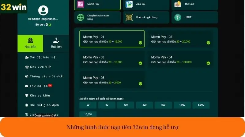 Giao dịch nạp, rút tiền tại 32win có mất phí không