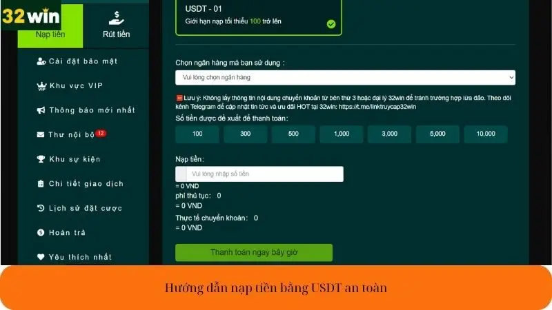 Hướng dẫn nạp tiền bằng USDT an toàn