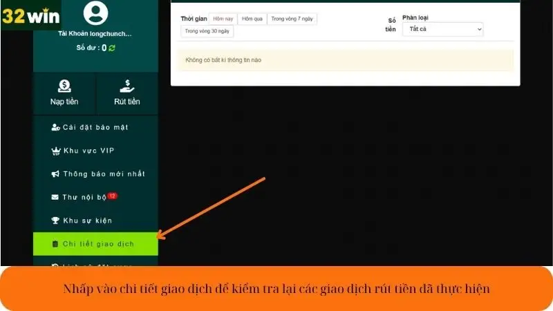 Nhấp vào chi tiết giao dịch để kiểm tra lại các giao dịch rút tiền đã thực hiện