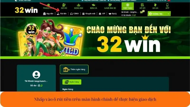 Nhấp vào ô rút tiền trên màn hình chính để thực hiện giao dịch